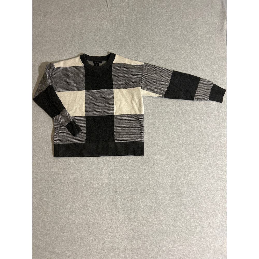 Tahari Sweater Womens Large Buffalo Plaid Crewneck Knit Grey Cream Long Sleeve L